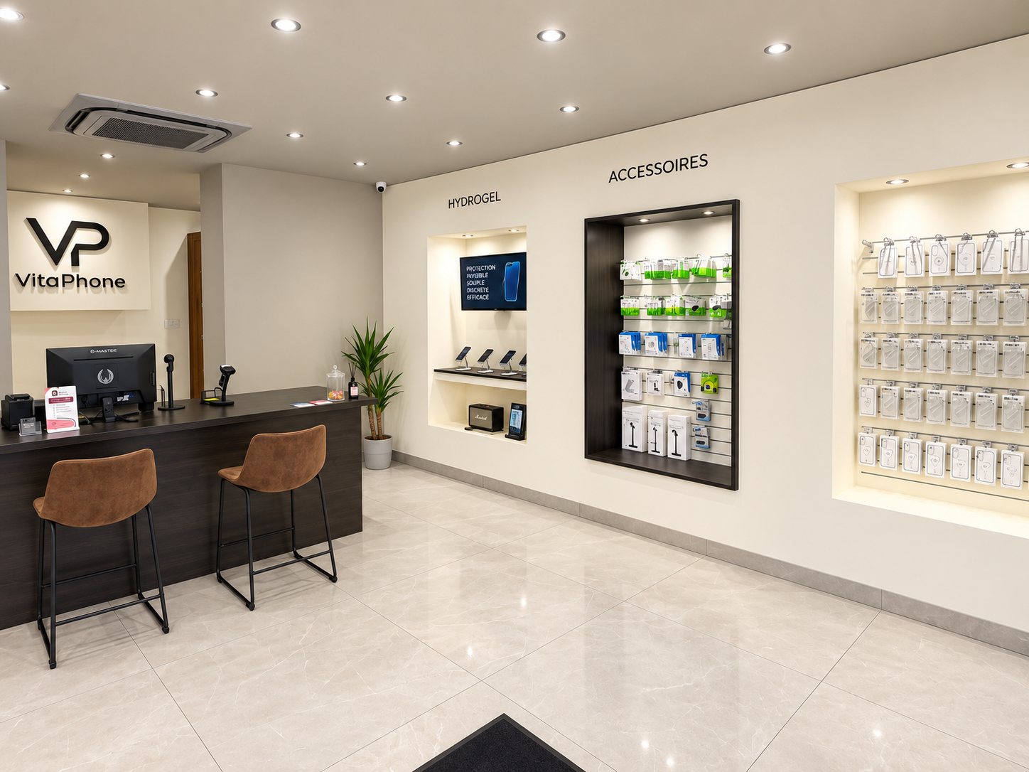 Intérieur de la boutique Vita-Phone à Voiron : comptoir d'accueil et mur d'accessoires smartphone